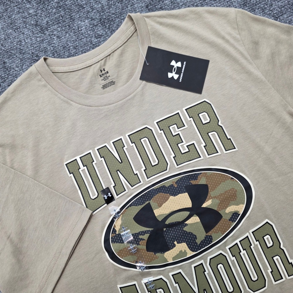 Under Armour Men's S Graphic T-Shirt Tan Vintage Camo Logo Loose Fit 6010702 NWT